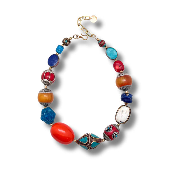 Multi-Color Necklace with Glass, Coral & Lapis