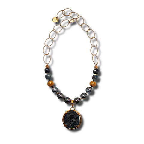 Tahitian Pearl, Sapphire and "Christ, King of Kings" Ancient Coin Necklace