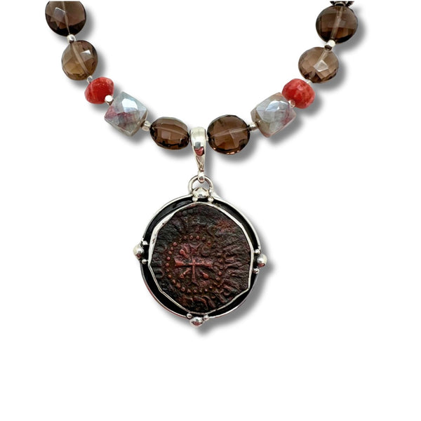Smokey Quartz, Sunstone & Coin of the Crusades Necklace