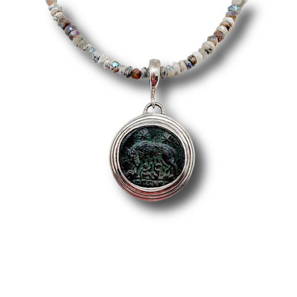 Dendrite Opal, Silver and Romulus and Remus Coin Necklace