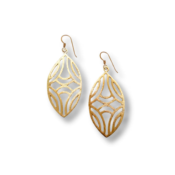 Gold plate earrings with intricate designs on a white background