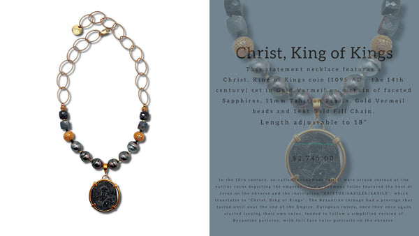 Christ, King of Kings Coin, Tahitian Pearl & Sapphire Necklace