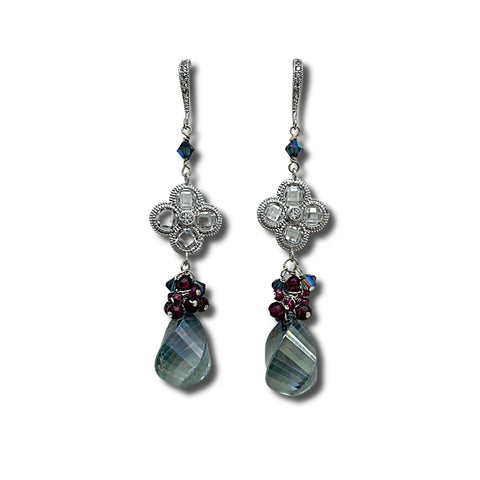 Blue Quartz, Swarovski crystal and Silver Earrings
