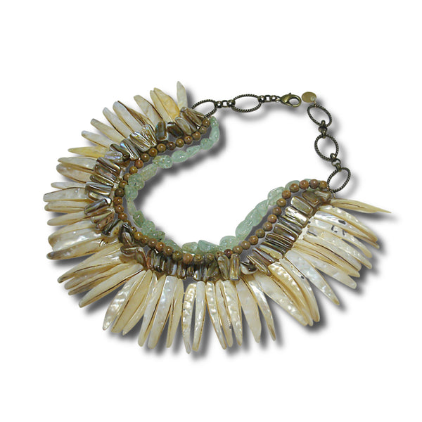 Aquamarine, Wood, Shell and Antiqued Brass Necklace