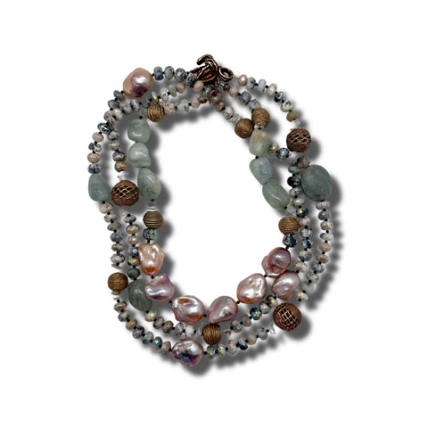 Dendrite Opal, Aquamarine & Baroque Pearl Long Necklace