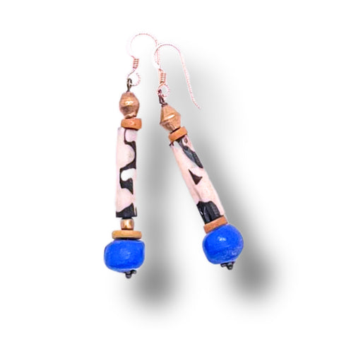 African Bone & Blue Glass Earrings