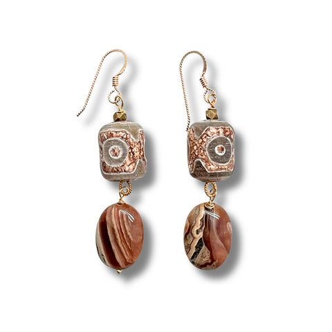 Carved Quartz & Rhodochrosite Earrings