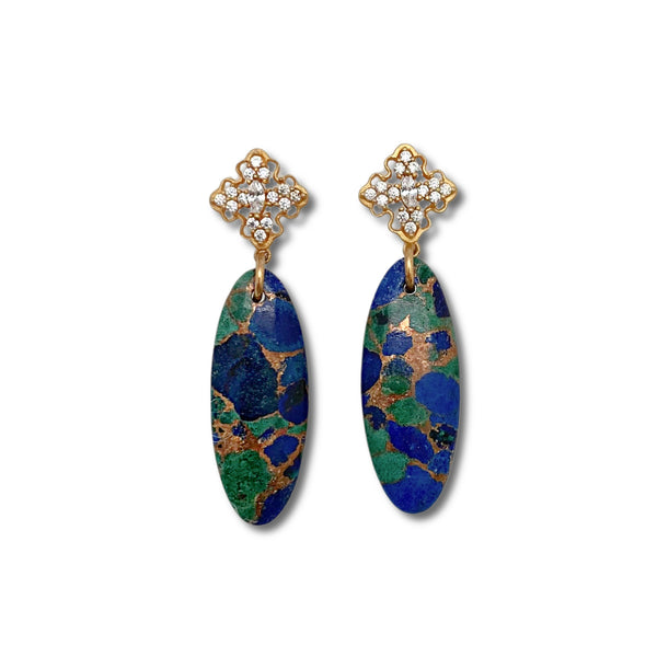 Azurite and Malachite, CZ & Vermeil Earrings