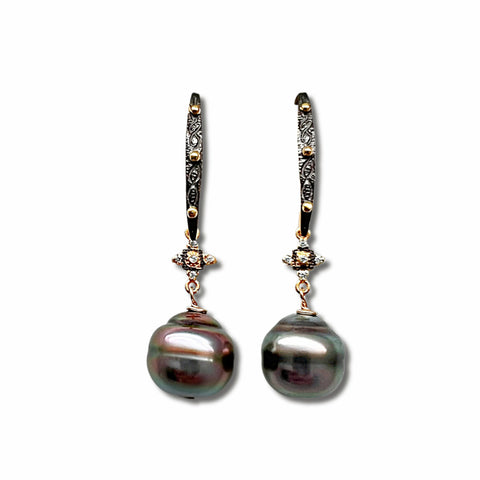 Tahitian Pearl, CZ and Mixed Metal Earrings