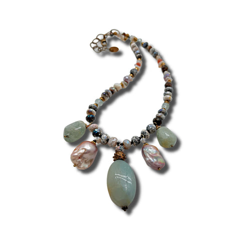 Aquamarine, Baroque Pearl and Dendrite Opal Necklace