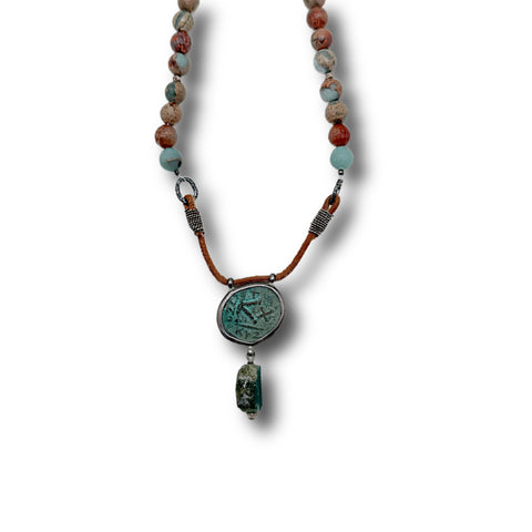 Byzantine Coin, Jasper and Leather Necklace