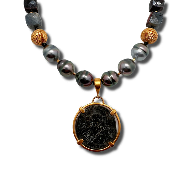 Front Side: Christ, King of Kings Coin, Tahitian Pearl & Sapphire Necklace