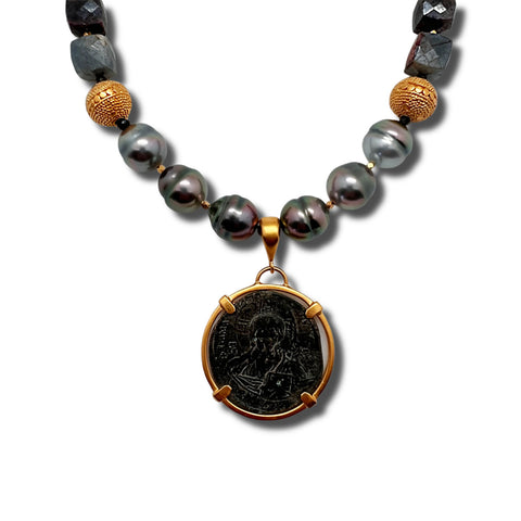 Tahitian Pearl, Sapphire and "Christ, King of Kings" Ancient Coin Necklace