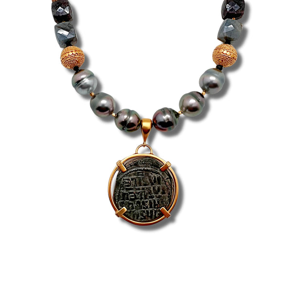 Tahitian Pearl, Sapphire and "Christ, King of Kings" Ancient Coin Necklace