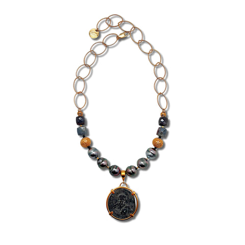 Tahitian Pearl, Sapphire and "Christ, King of Kings" Ancient Coin Necklace