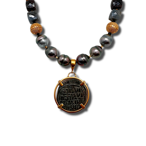 Back Side: Christ, King of Kings Coin, Tahitian Pearl & Sapphire Necklace