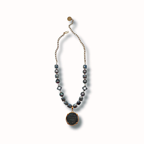 Sapphire, Tahitian Pearl and "Christ, King of Kings" Ancient Coin Necklace