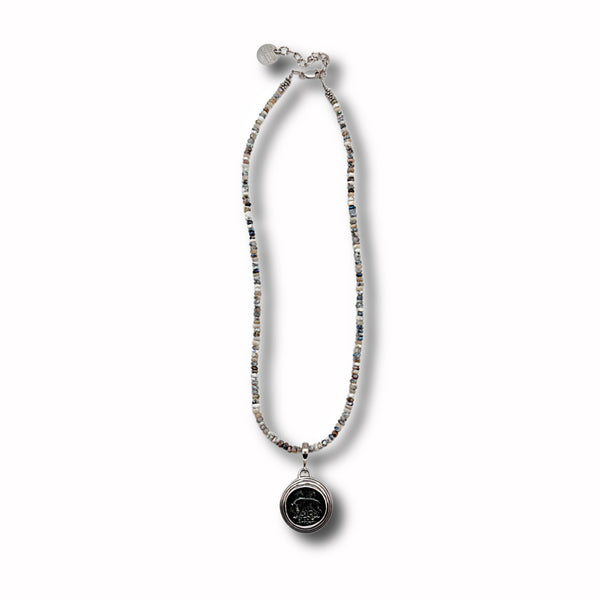 Dendrite Opal, Silver and Romulus and Remus Coin Necklace