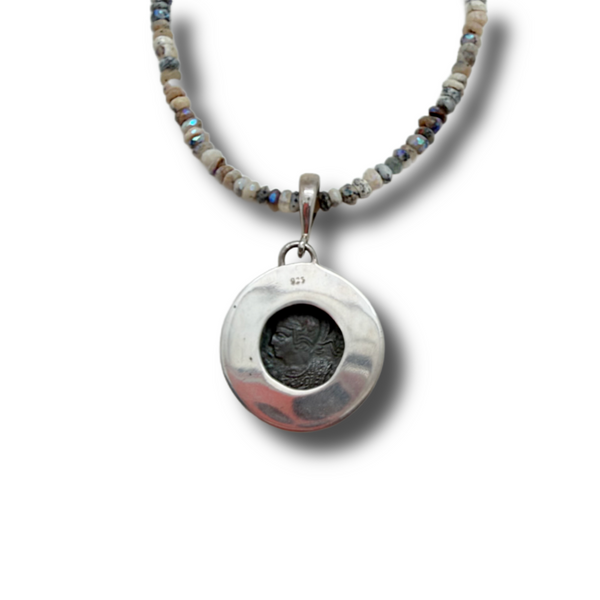 Dendrite Opal, Silver and Romulus and Remus Coin Necklace