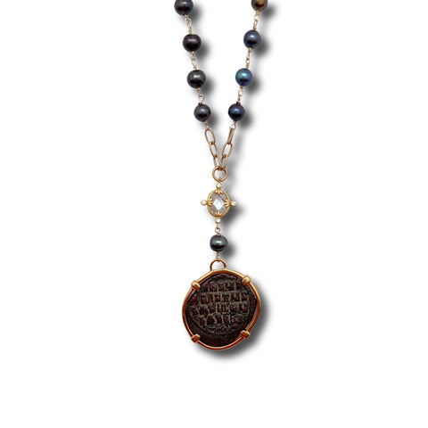 Freshwater Pearl, Cubic Zirconia and "Christ, King of Kings" Ancient Coin Necklace