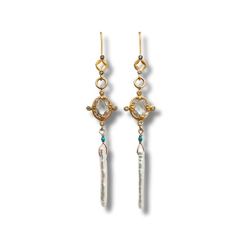 Freshwater Pearl, Turquoise, Cubic Zirconia and Gold Vermeil Earrings