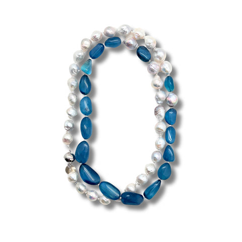 Aquamarine, Baroque Pearl & Silver Necklace