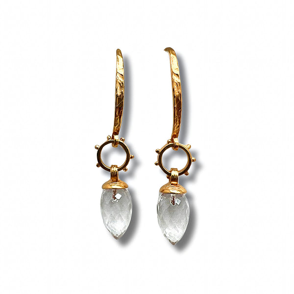 Gold earrings with rock crystals on a white background