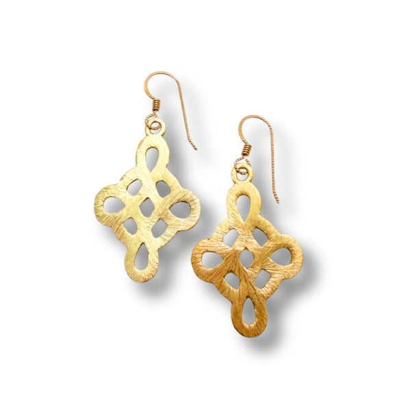 Gold plate earrings with intricate designs on a white background