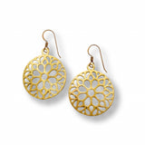 Gold plate circular earrings with intricate patterns on a white background