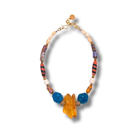 Multi-color Necklace of African Beads, Amber and Brass