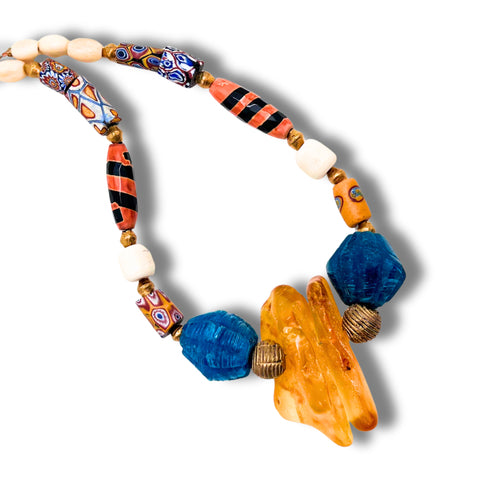 Multi-color Necklace of African Beads, Amber and Brass