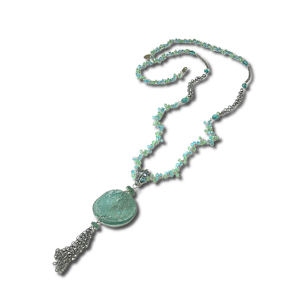 Chalcedony, Apatite & Oxidized Sterling Silver Chain With Ancient Roman Glass Pendan