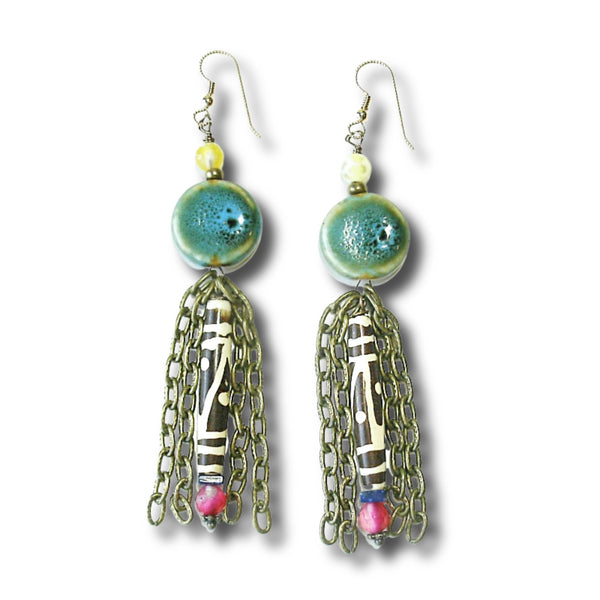 Boho Raku and African Bead Earrings