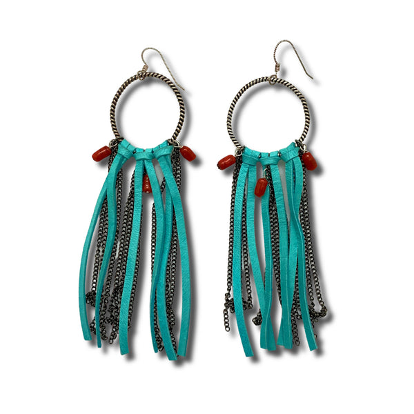 Turquoise Leather & Coral Earrings