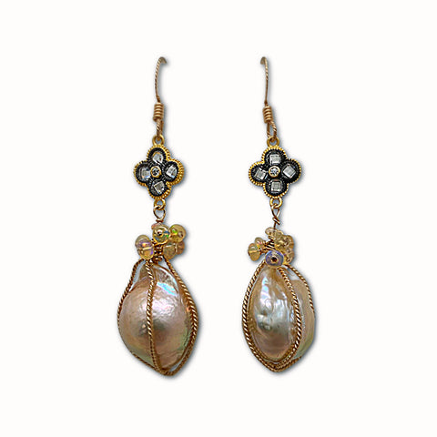 Caged Baroque Pearl & Opal Earrings