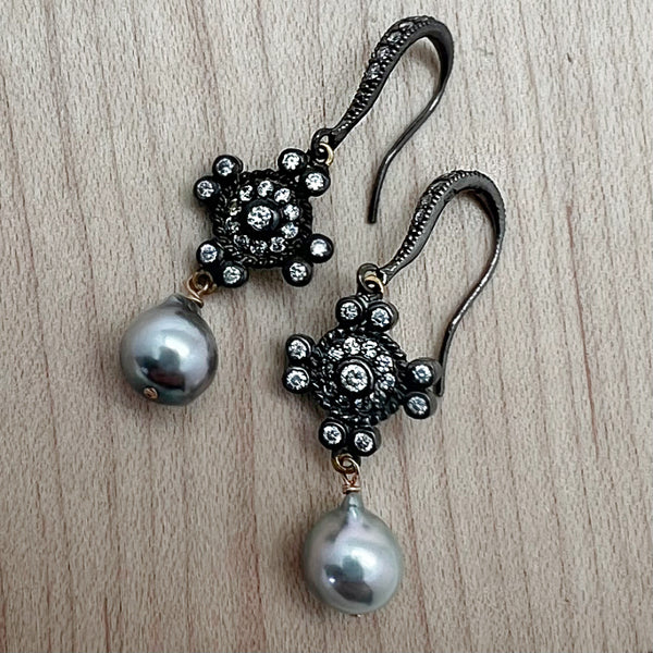 Akoya Pearl & Oxidized Silver Earrings