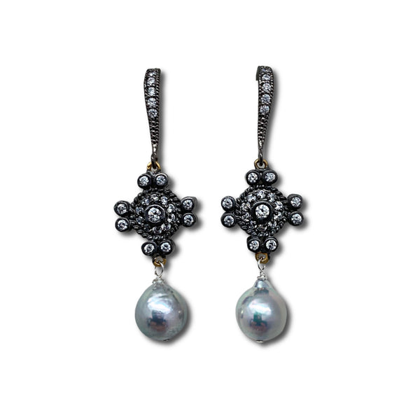 Akoya Pearl & Oxidized Silver Earrings