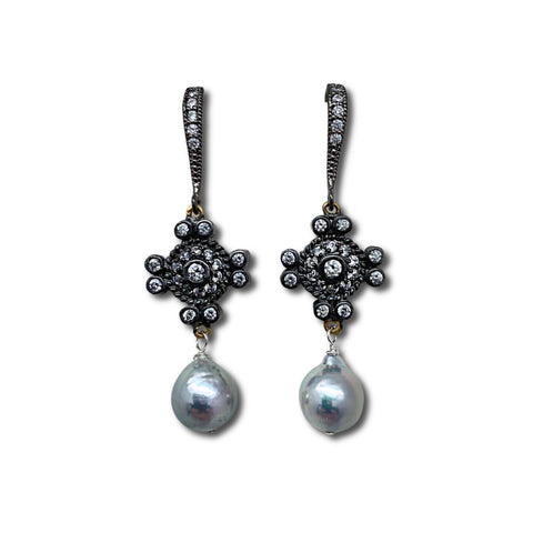 Akoya Pearl & Oxidized Silver Earrings