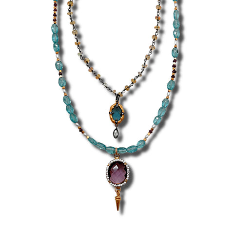 Aqua Apatite, Amethyst and Pearl Necklace