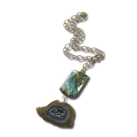 Labradorite, Agate Drusy & Gold Lariat Necklace