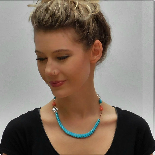 Sleeping Beauty Turquoise, Coral & Silver Necklace