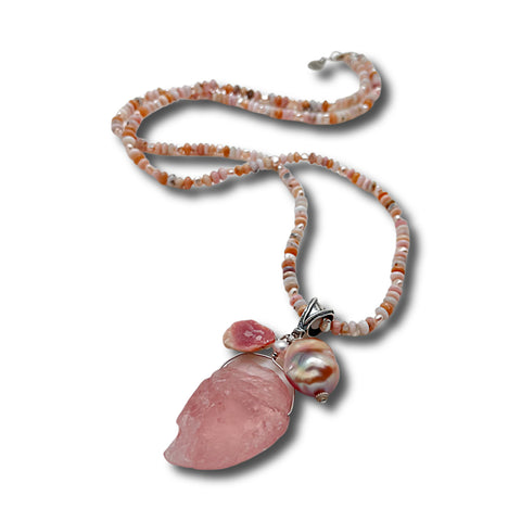Pink Opal, Rose Quartz & Baroque Pearl Necklace
