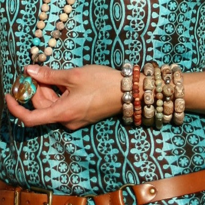 Carved Agate & Vintage Bead Stretch Bracelets